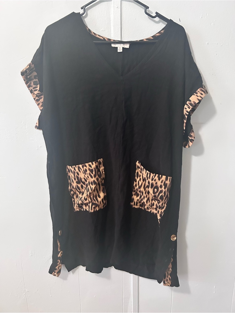 Umgee Black Tunic Top with Leopard Accent Trim